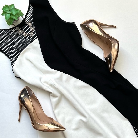 Milly Mesh Helix Colorblock Sheath Dress Black and White Two Tone Sheath Size 2 - Picture 2 of 10